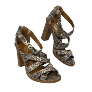 Rowen Sandals Womens Sz 6 Ivory Beige Black Snake Leather Strappy Block Heel